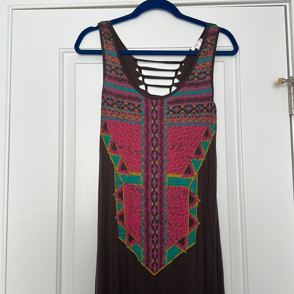 Xhilaration Grey w/ Pink Print Open Tie Back Bodycon Maxi Dress Size Medium - Picture 2 of 5